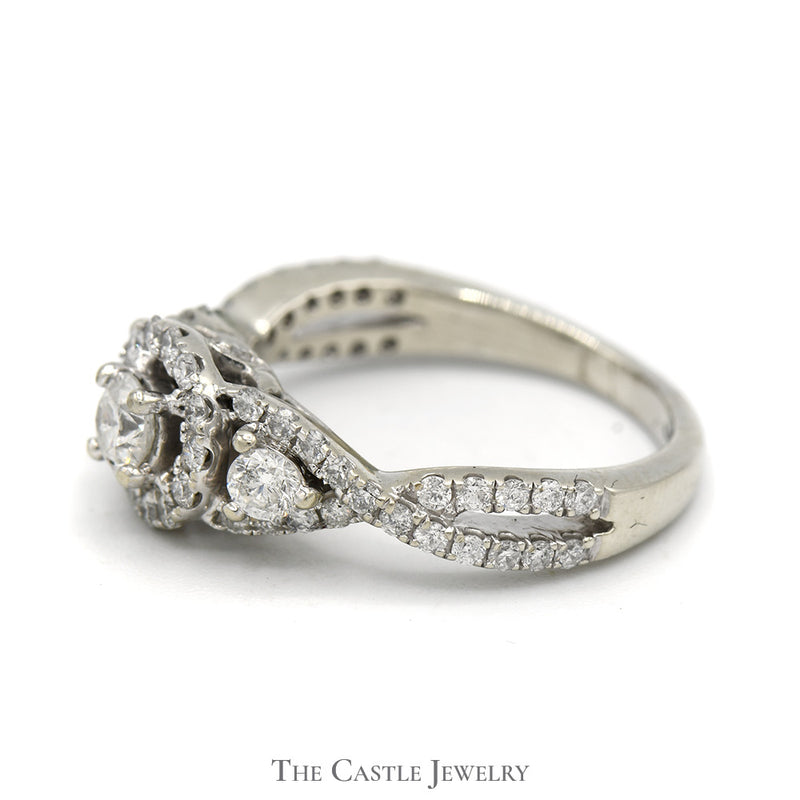 1cttw Round Diamond Engagement Ring with Diamond Halo and Accented Twisted Sides in 14k White Gold