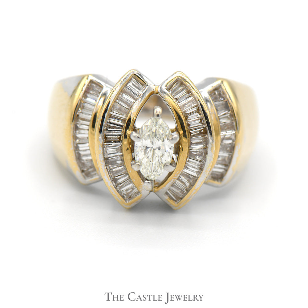 Marquise Shaped Diamond Solitaire with Baguette Cut Accents in 14k Yellow Gold