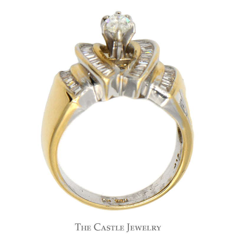 Marquise Shaped Diamond Solitaire with Baguette Cut Accents in 14k Yellow Gold