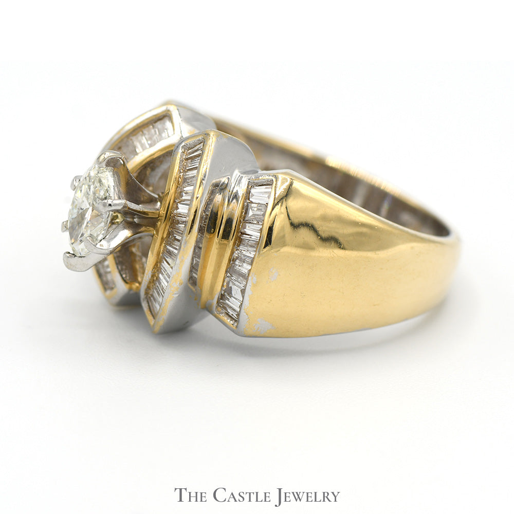 Marquise Shaped Diamond Solitaire with Baguette Cut Accents in 14k Yellow Gold