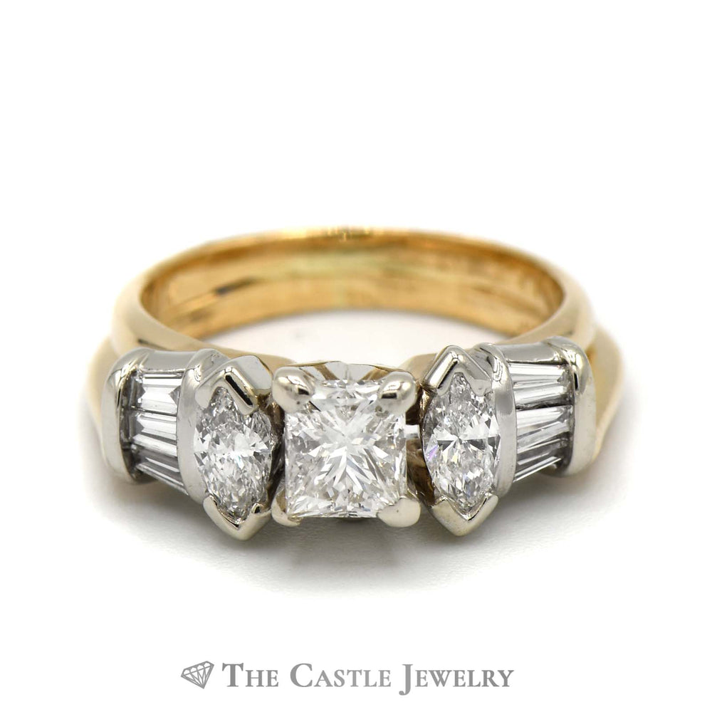 Princess Cut Diamond Solitaire Bridal Set with Marquise and Baguette Accents in 14k Yellow Gold