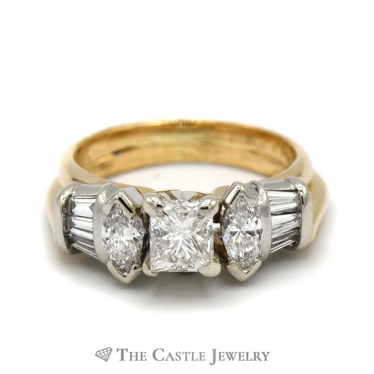 Princess Cut Diamond Solitaire Bridal Set with Marquise and Baguette Accents in 14k Yellow Gold