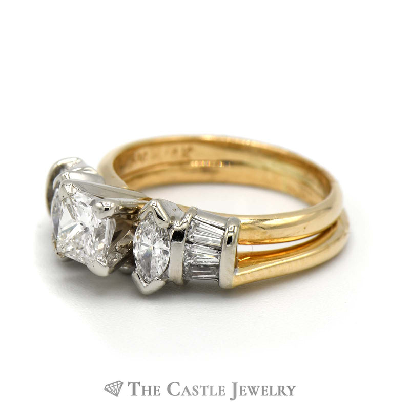 Princess Cut Diamond Solitaire Bridal Set with Marquise and Baguette Accents in 14k Yellow Gold