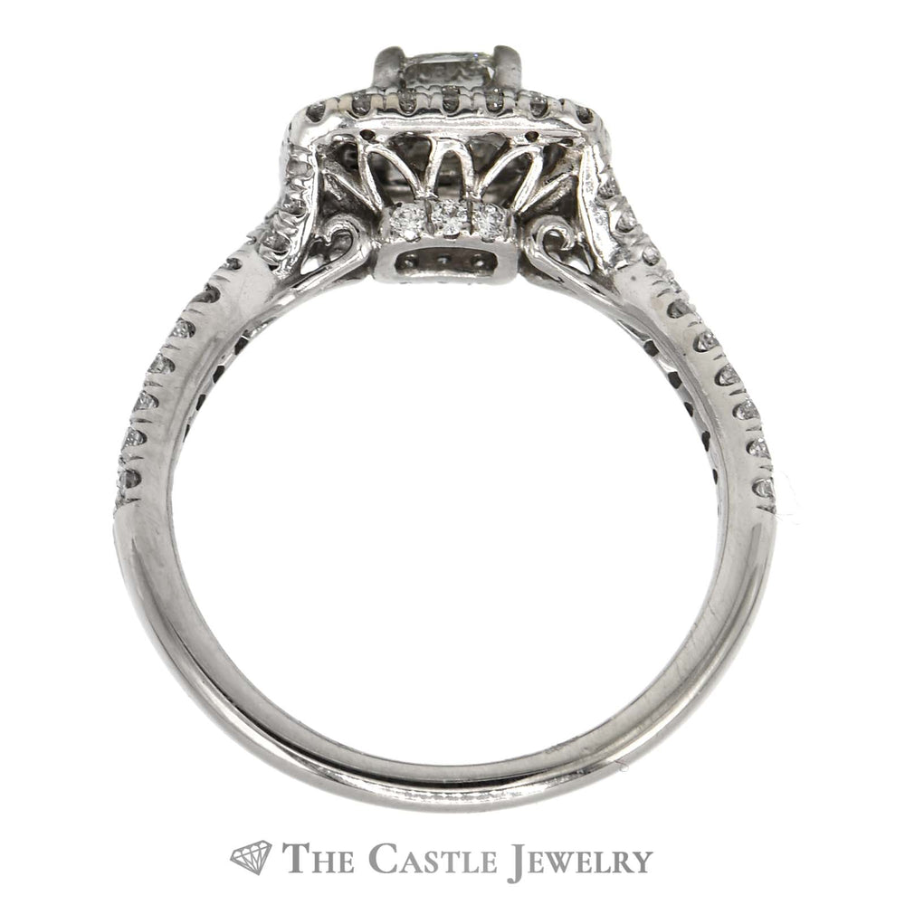 Gabriel & Co. Cushion Cut Diamond Engagement Ring with Double Diamond Halo and Diamond Accented Split Shank Sides in 14k White Gold