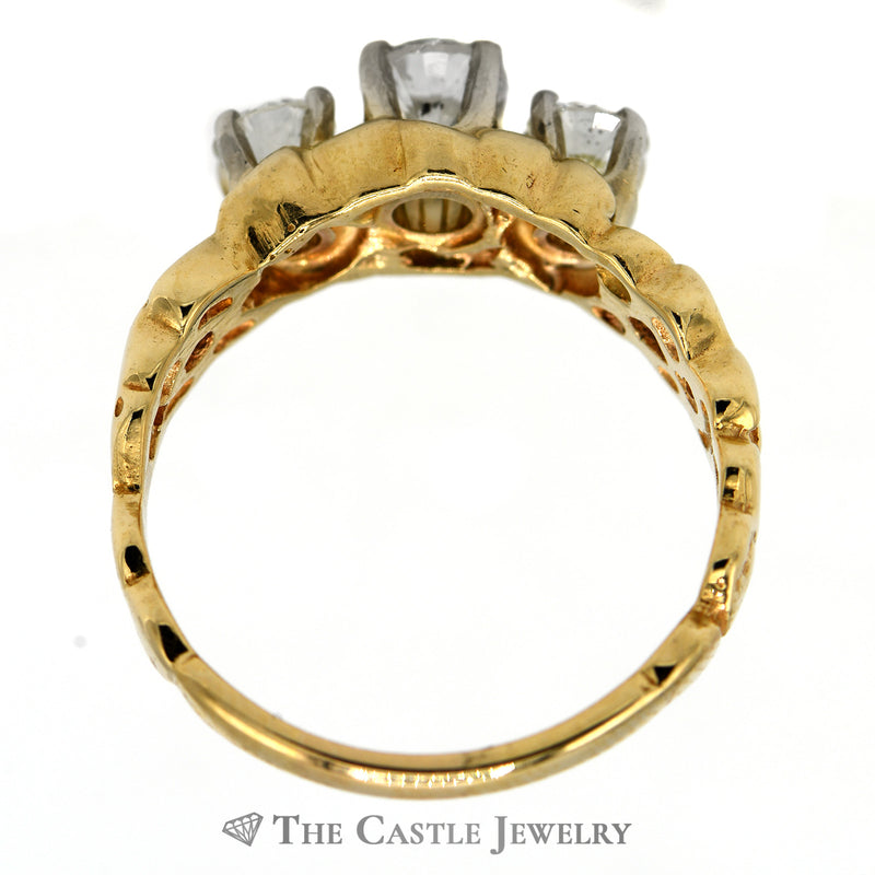 Three Stone Diamond Ring with Nugget Designed Sides in 14k Yellow Gold