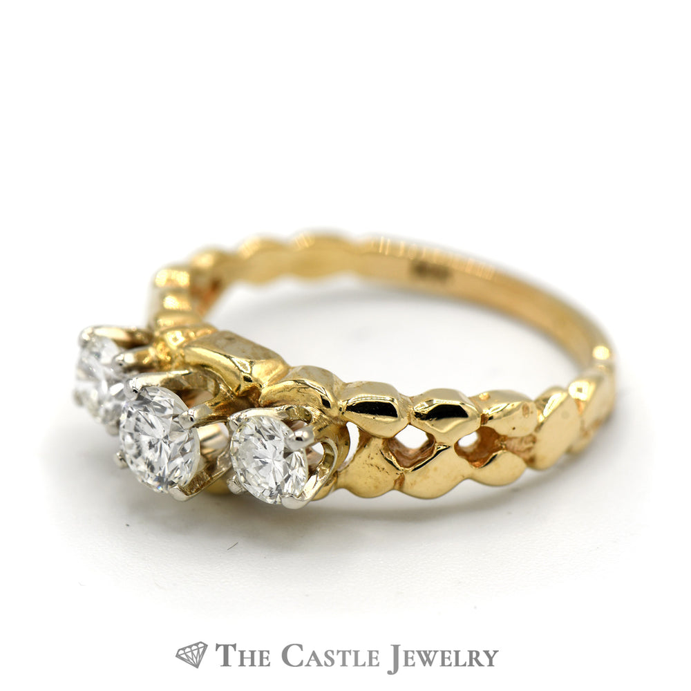 Three Stone Diamond Ring with Nugget Designed Sides in 14k Yellow Gold