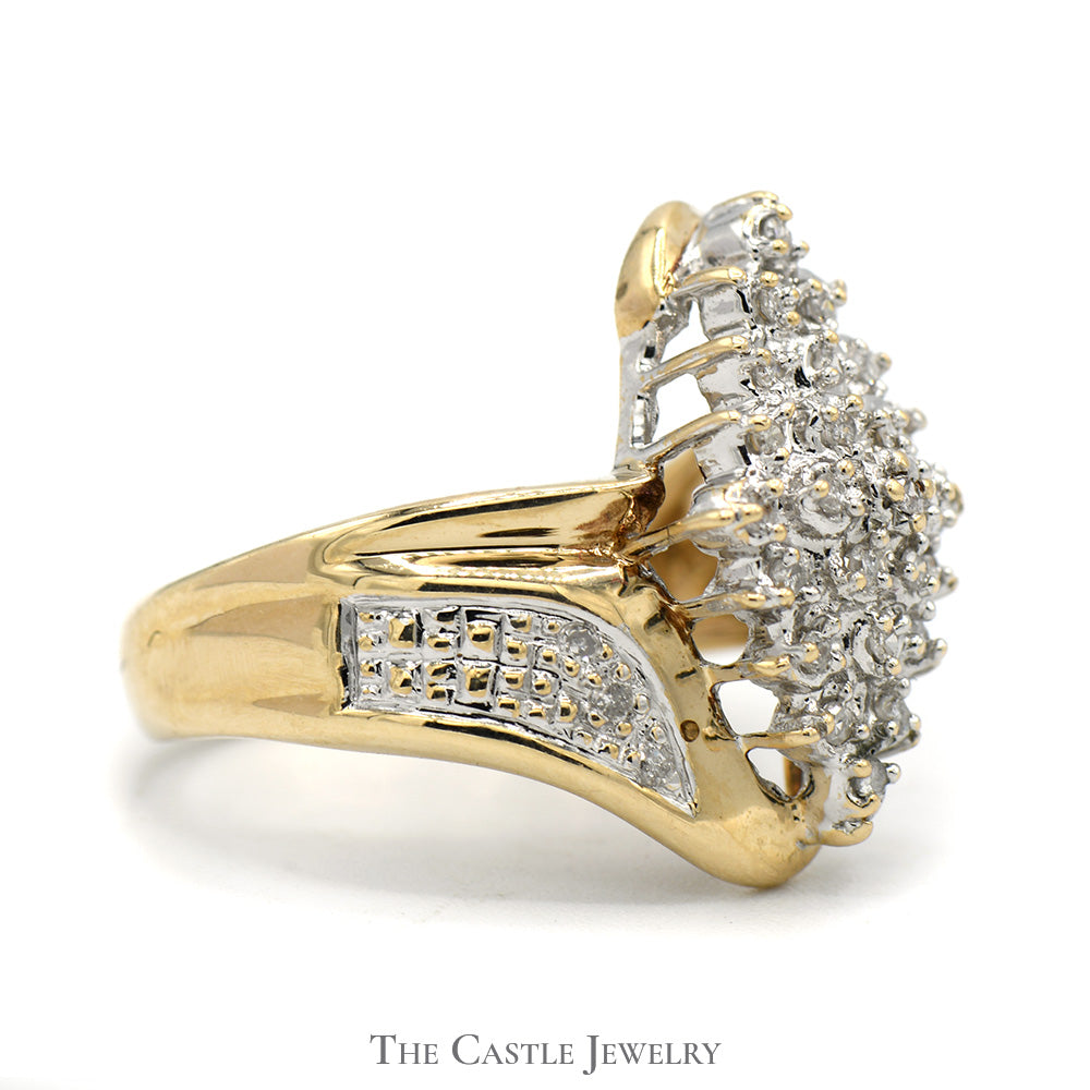 Marquise Shaped Diamond Cluster Bypass Ring in 10k Yellow Gold