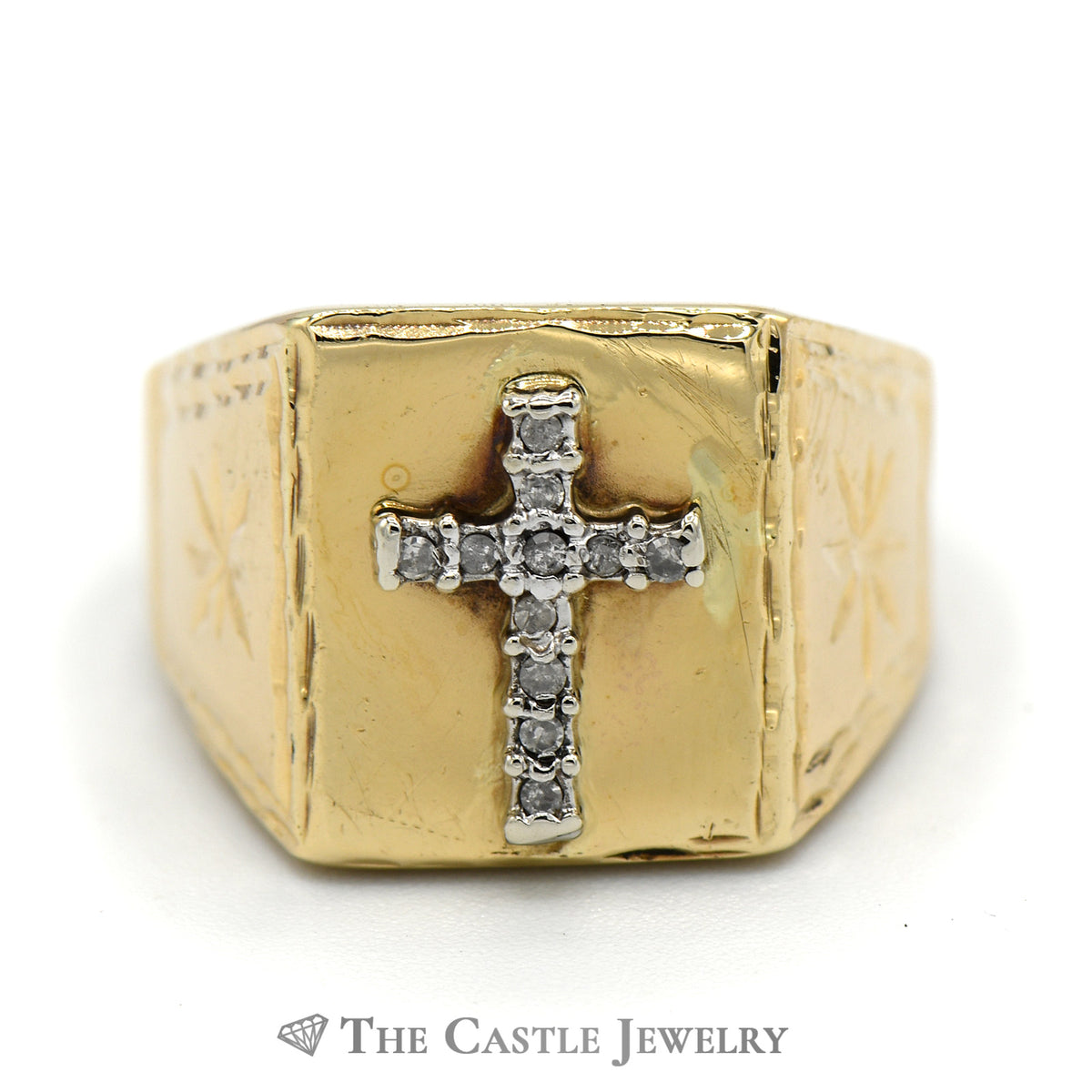 Diamond Cross Ring  with Diamond Cut Starburst Sides in 10k Yellow Gold