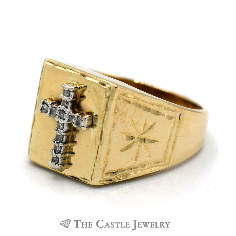Diamond Cross Ring  with Diamond Cut Starburst Sides in 10k Yellow Gold