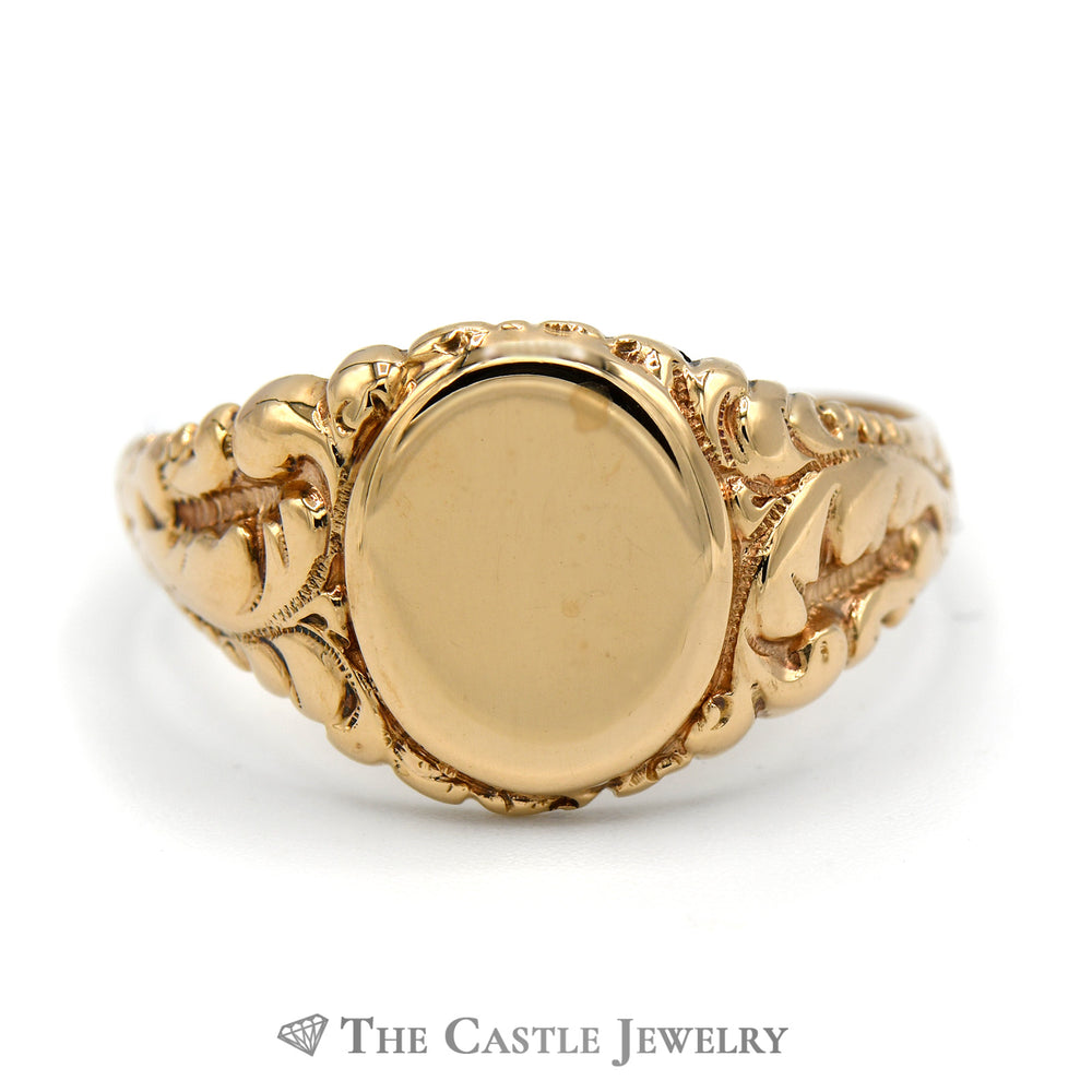Oval Shaped Signet Ring with Scrolling Leaf Designed Sides in 10k Yellow Gold