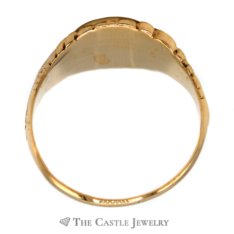 Oval Shaped Signet Ring with Scrolling Leaf Designed Sides in 10k Yellow Gold