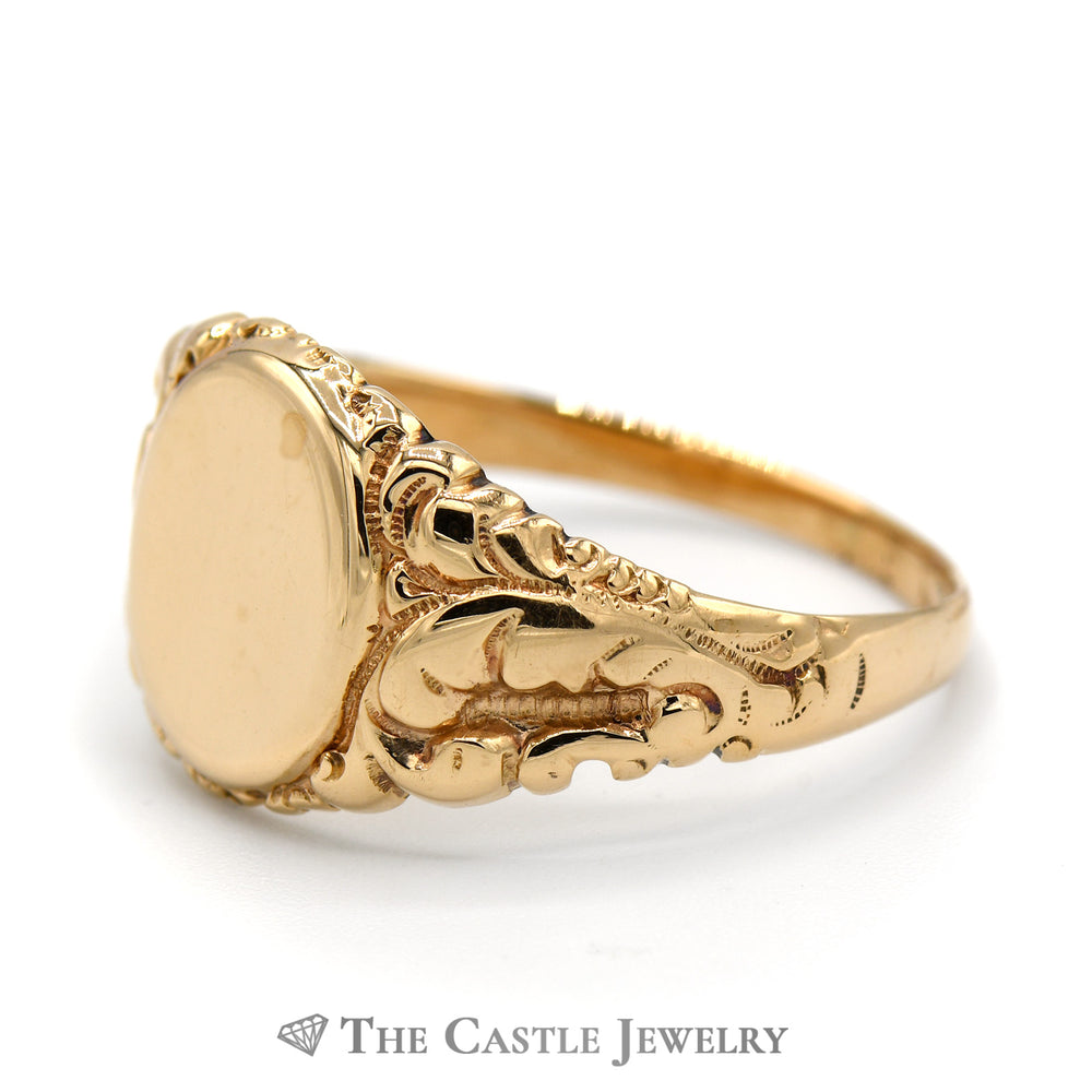 Oval Shaped Signet Ring with Scrolling Leaf Designed Sides in 10k Yellow Gold