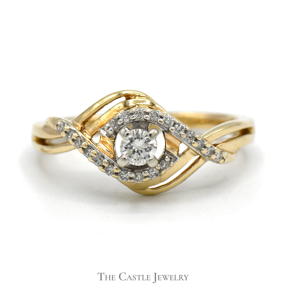 Round Diamond Ring with Swirled Diamond Accents in 10k Yellow Gold Open Crossover Setting