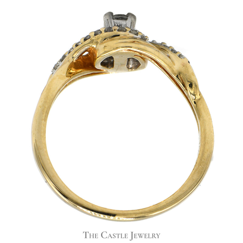 Round Diamond Ring with Swirled Diamond Accents in 10k Yellow Gold Open Crossover Setting