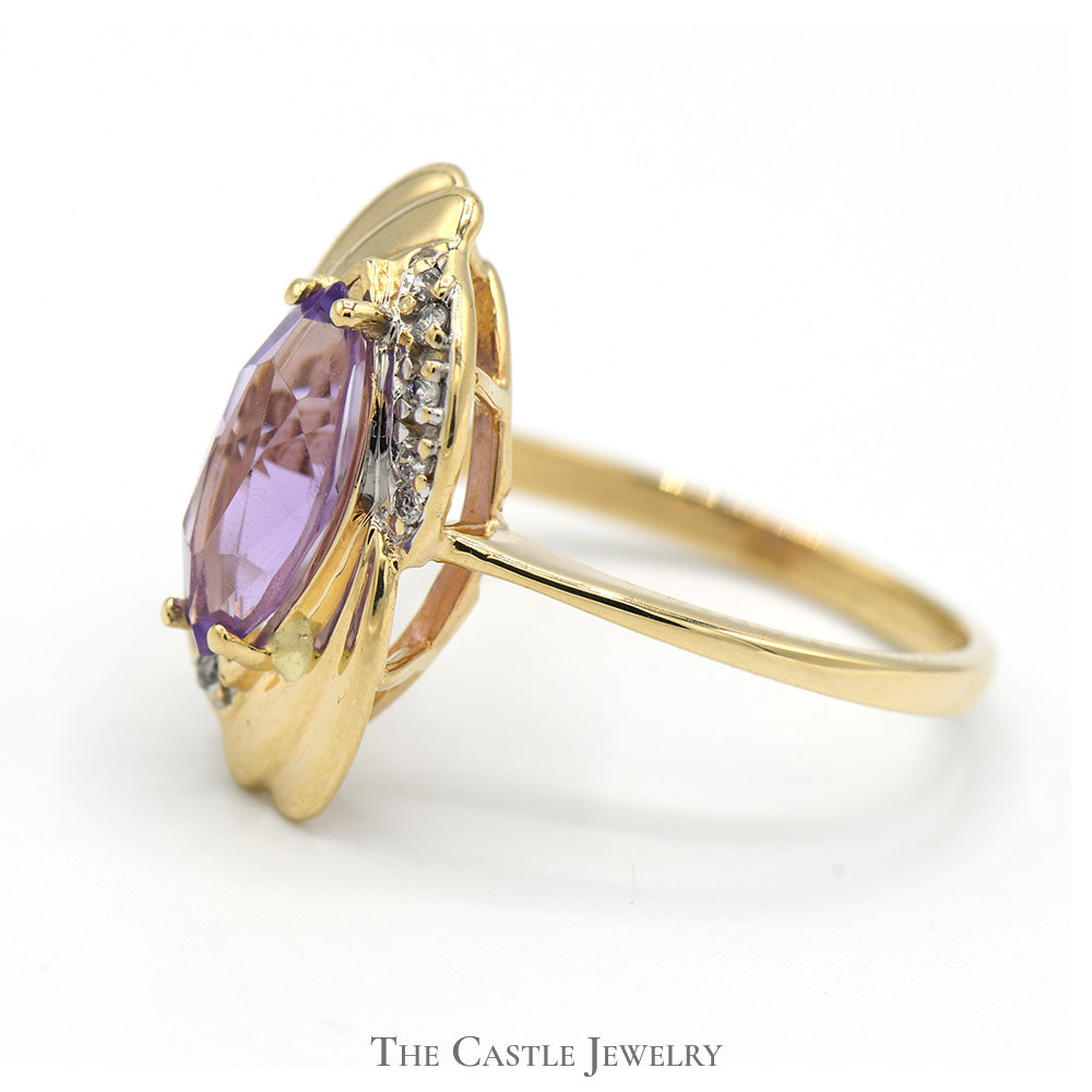 Marquise Shaped Amethyst Ring with Diamond Accents in 10k Yellow Gold