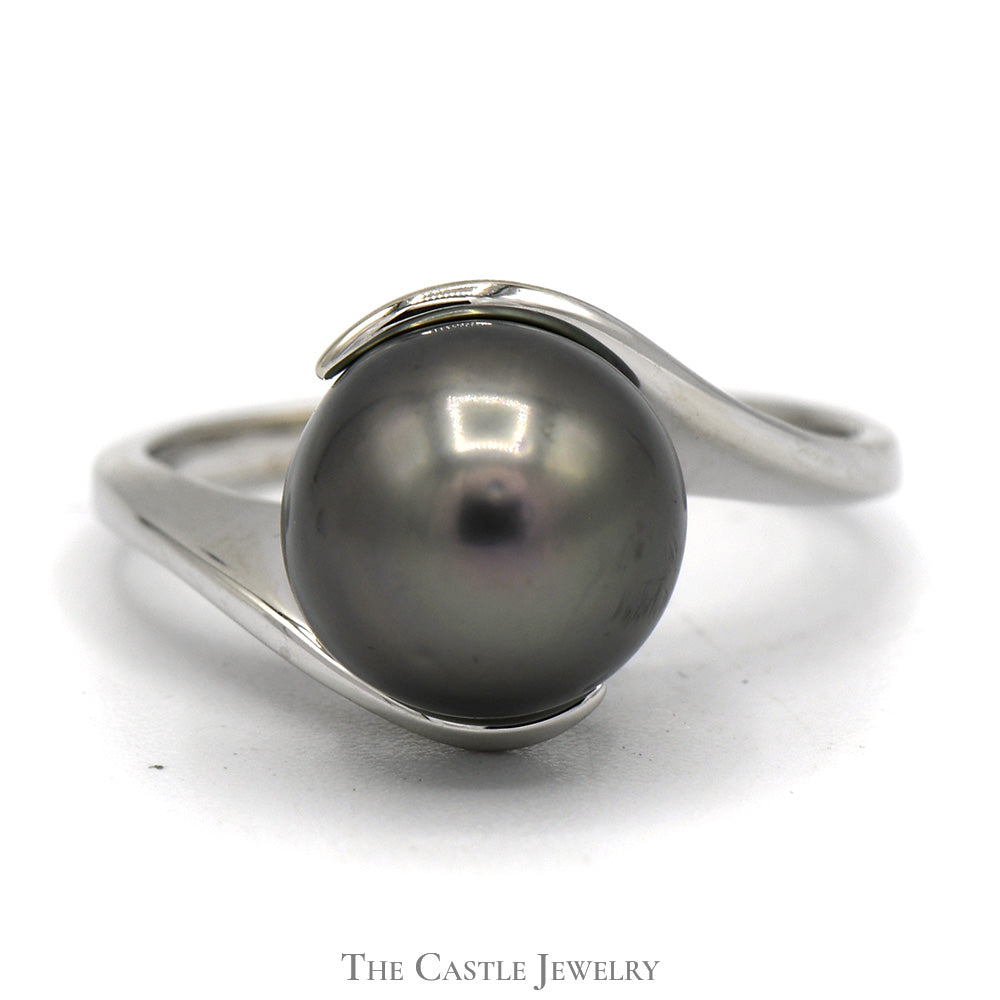 Black Pearl Ring with Bypass Designed Mounting in 14k White Gold