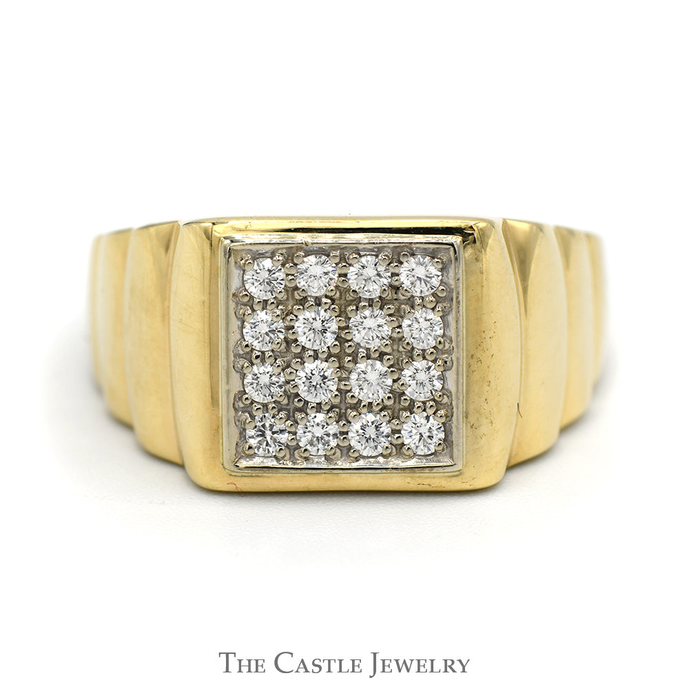 Men's 1/2cttw Square Shaped 16 Diamond Cluster Ring with Ribbed Sides in 14k Yellow Gold