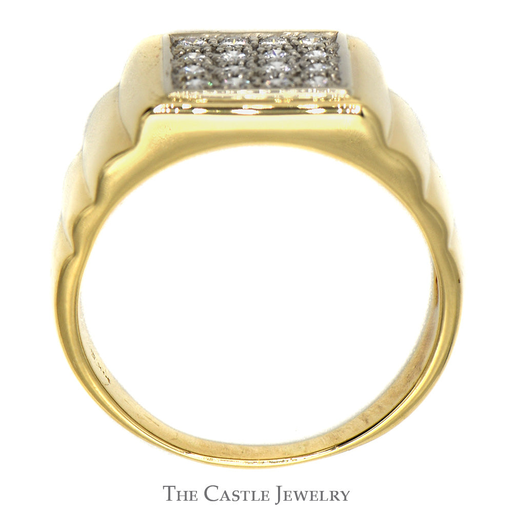 Men's 1/2cttw Square Shaped 16 Diamond Cluster Ring with Ribbed Sides in 14k Yellow Gold