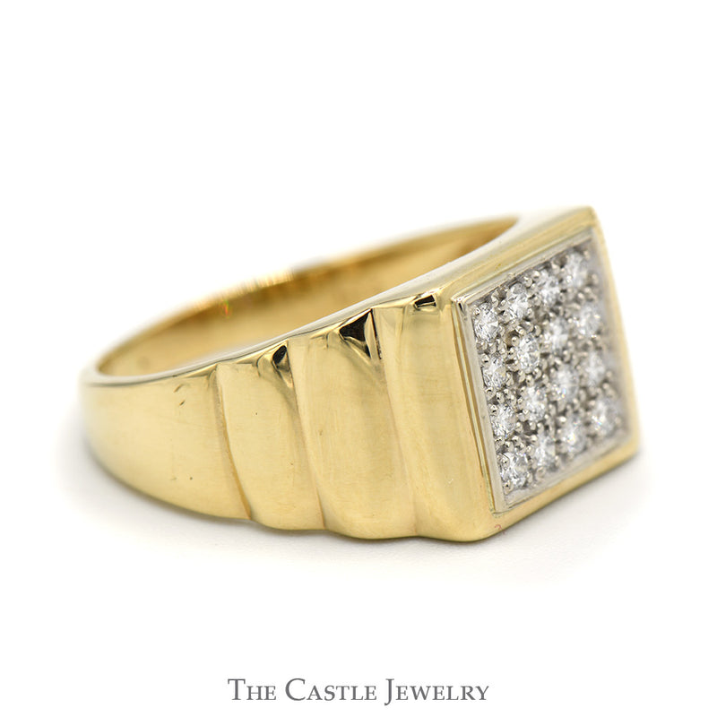Men's 1/2cttw Square Shaped 16 Diamond Cluster Ring with Ribbed Sides in 14k Yellow Gold
