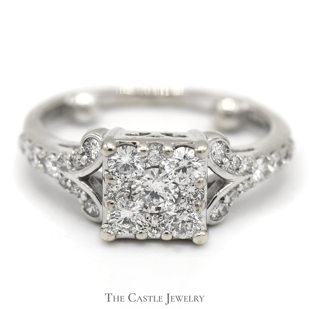 3/4cttw Square Shaped Diamond Cluster Ring with Accented Scroll Design in 14k White Gold