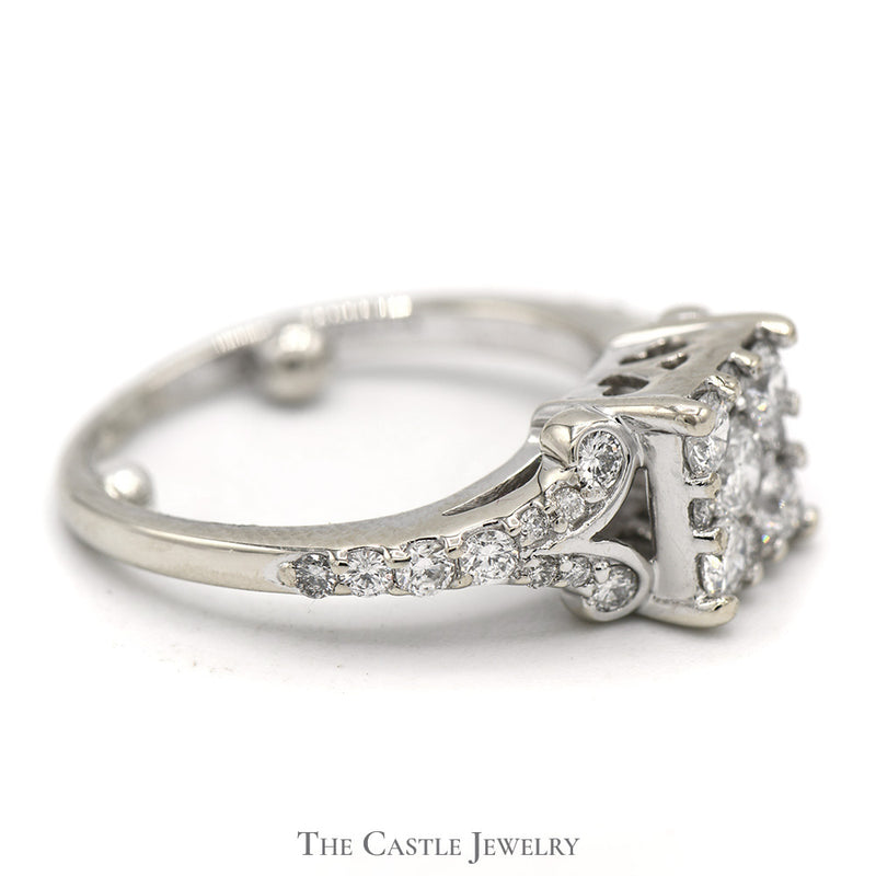 3/4cttw Square Shaped Diamond Cluster Ring with Accented Scroll Design in 14k White Gold