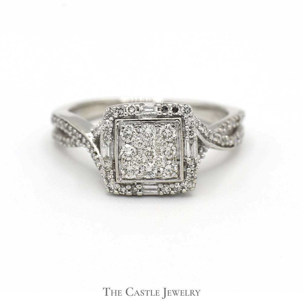 Square Shaped Diamond Cluster Ring with Diamond Accented Twisted Sides in 10k White Gold