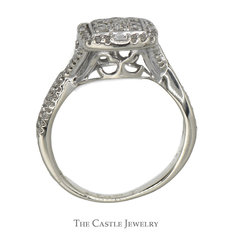 Square Shaped Diamond Cluster Ring with Diamond Accented Twisted Sides in 10k White Gold