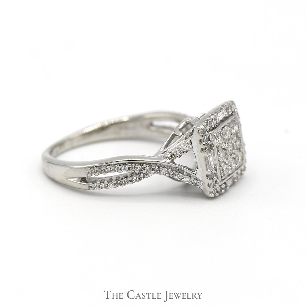 Square Shaped Diamond Cluster Ring with Diamond Accented Twisted Sides in 10k White Gold