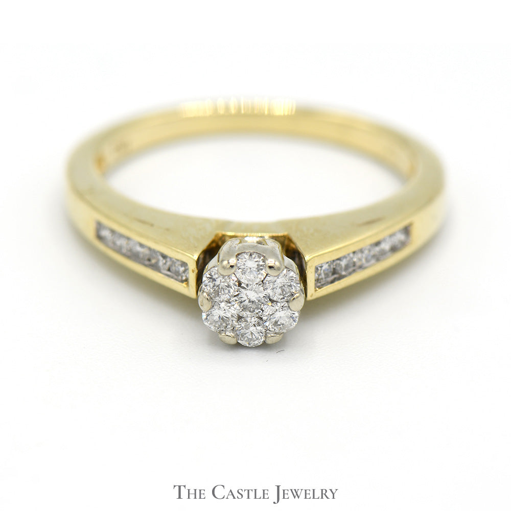 1/3cttw Diamond Cluster Engagement Ring with Channel Set Accents in 10k Yellow Gold