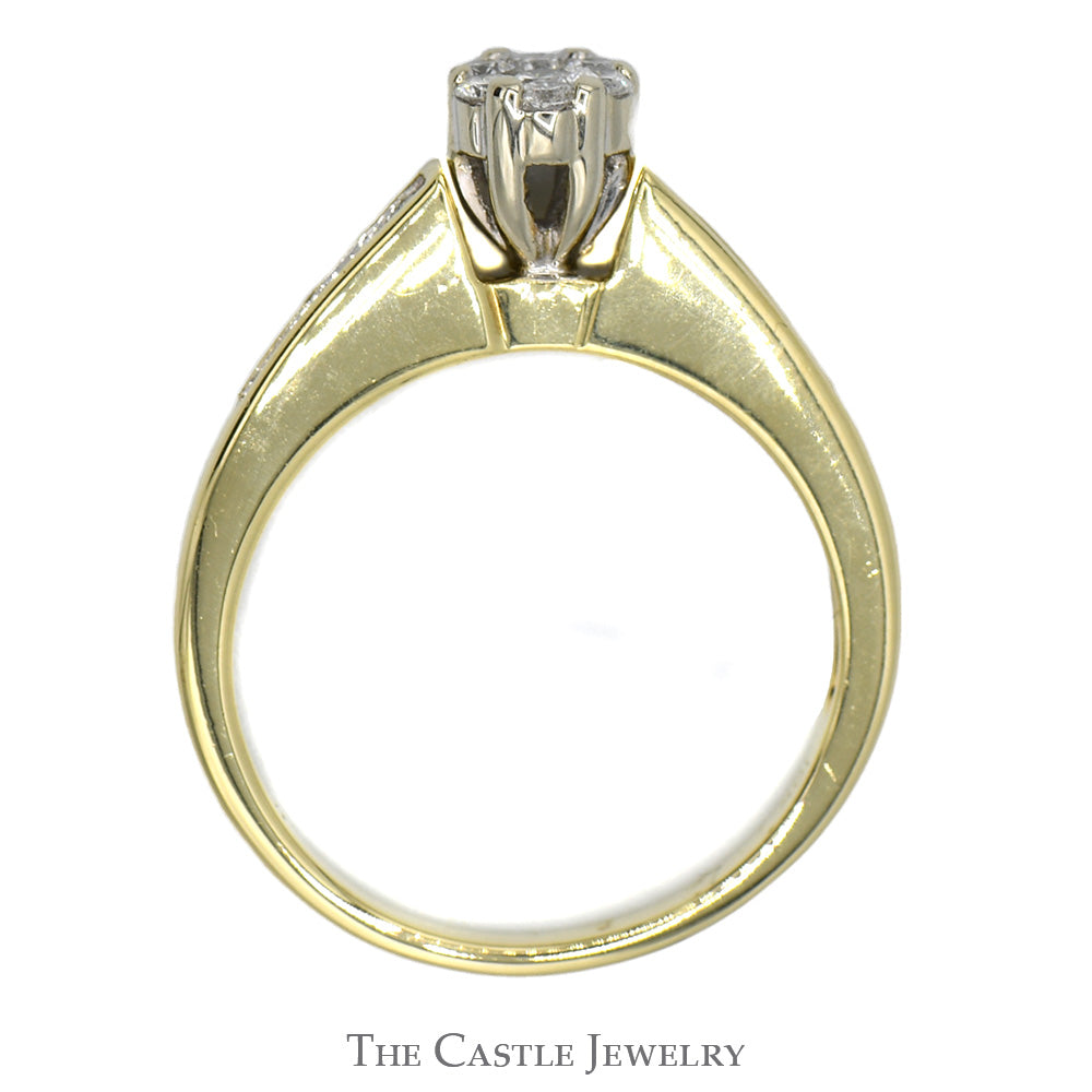 1/3cttw Diamond Cluster Engagement Ring with Channel Set Accents in 10k Yellow Gold