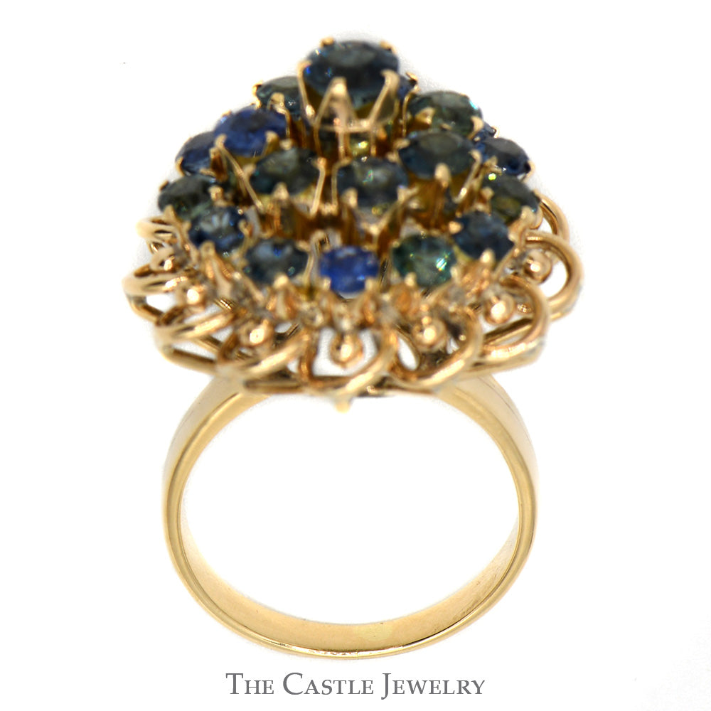 3 Tier Sapphire Cocktail Cluster Ring with Scalloped Edge in 10k Yellow Gold