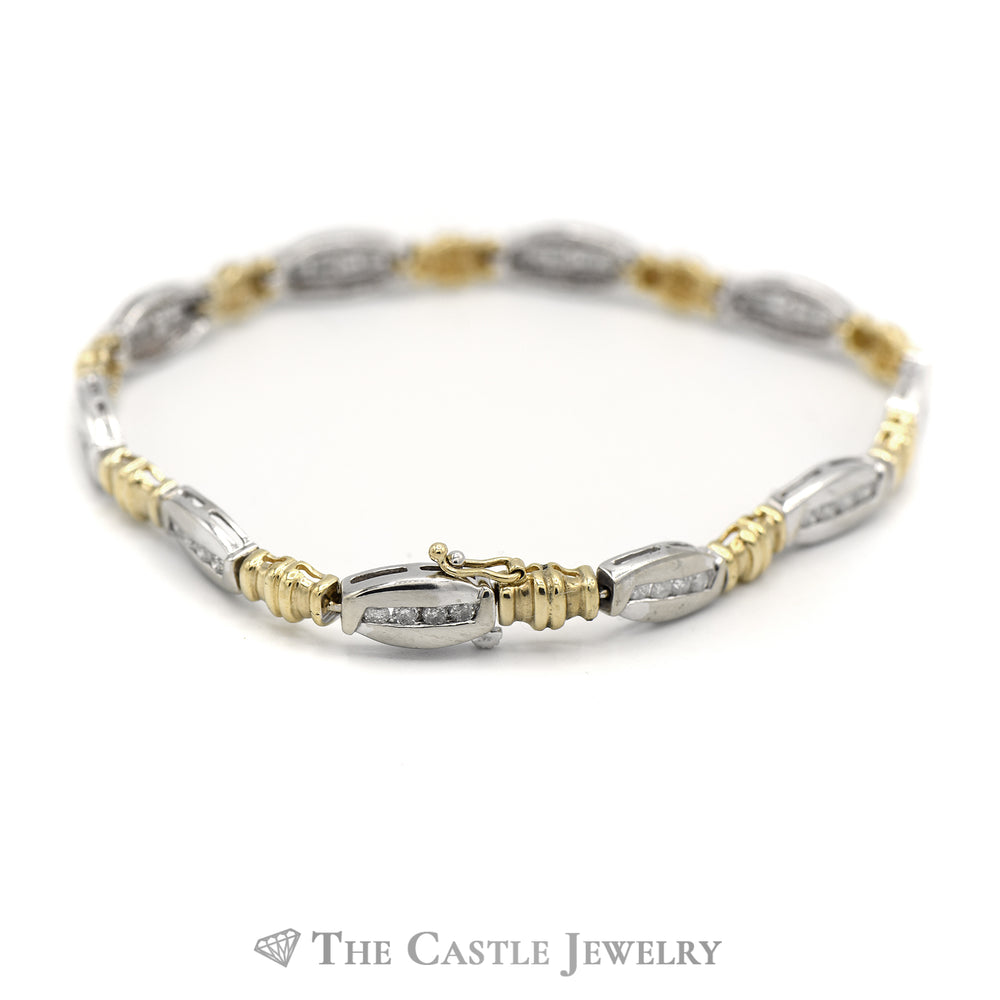 Diamond Bar Link Bracelet in Two Tone 10k White & Yellow Gold