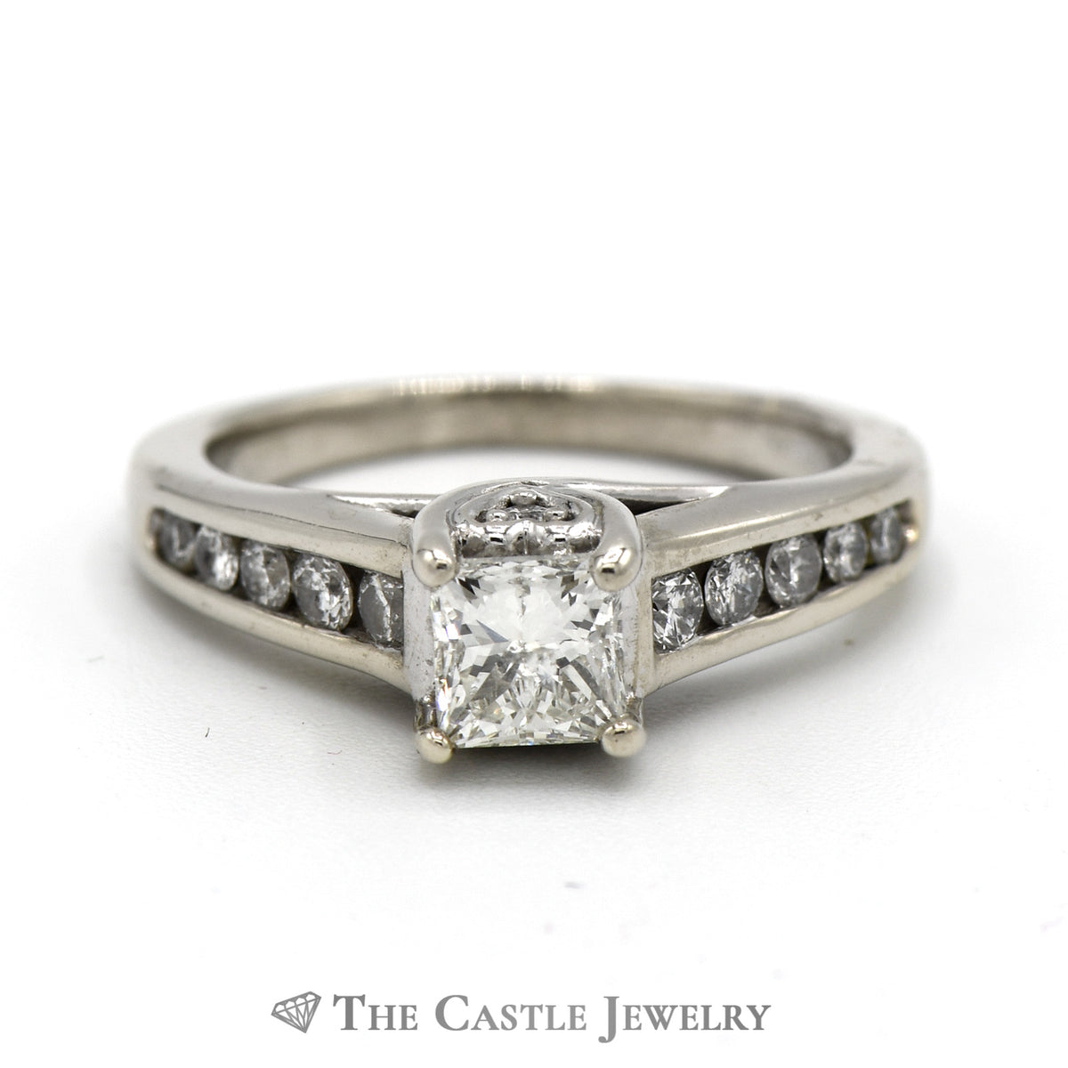 3/4cttw Princess Cut Diamond Engagement Ring with Channel Set Diamond Accents in 14k White Gold