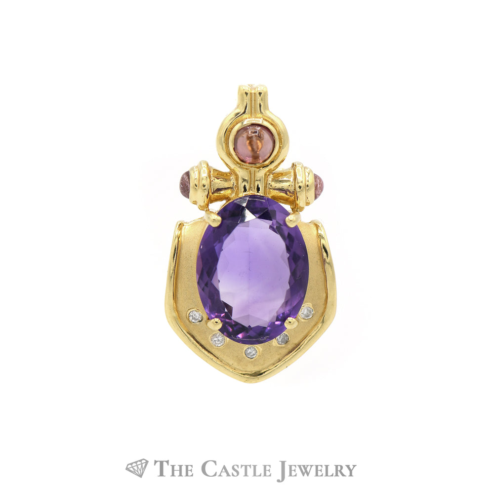 Oval Amethyst Shield Pendant with Diamond Accents & Attachable Bail in 14KT Yellow Gold
