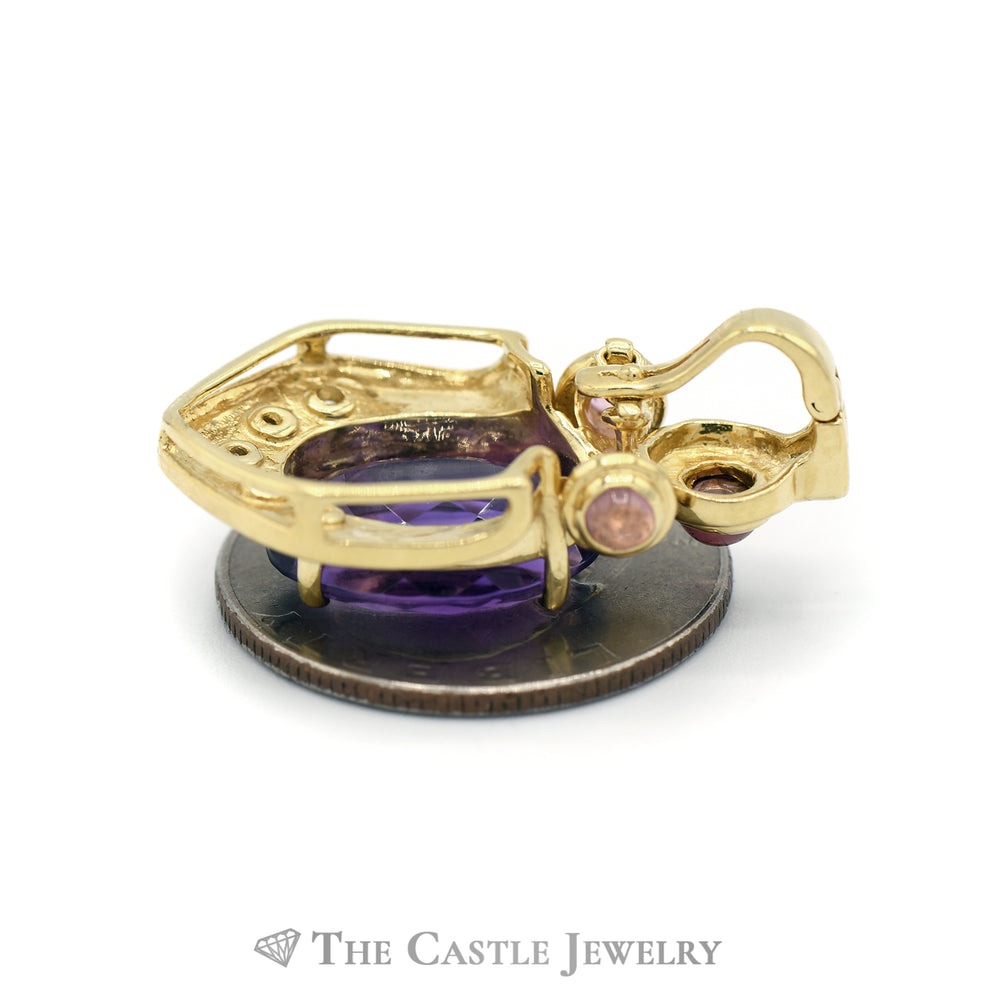 Oval Amethyst Shield Pendant with Diamond Accents & Attachable Bail in 14KT Yellow Gold