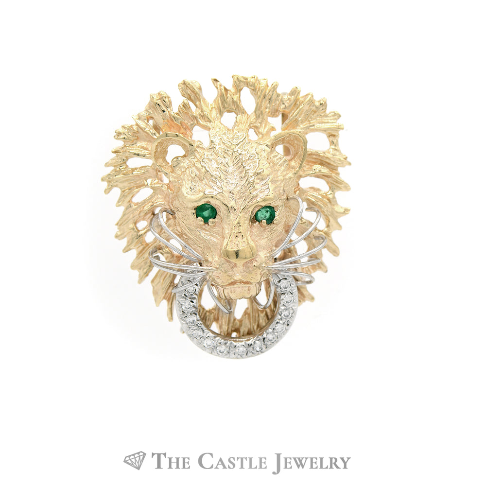 Lion Head Pendant with Emerald Eyes and Diamond Accents in 14KT Yellow Gold