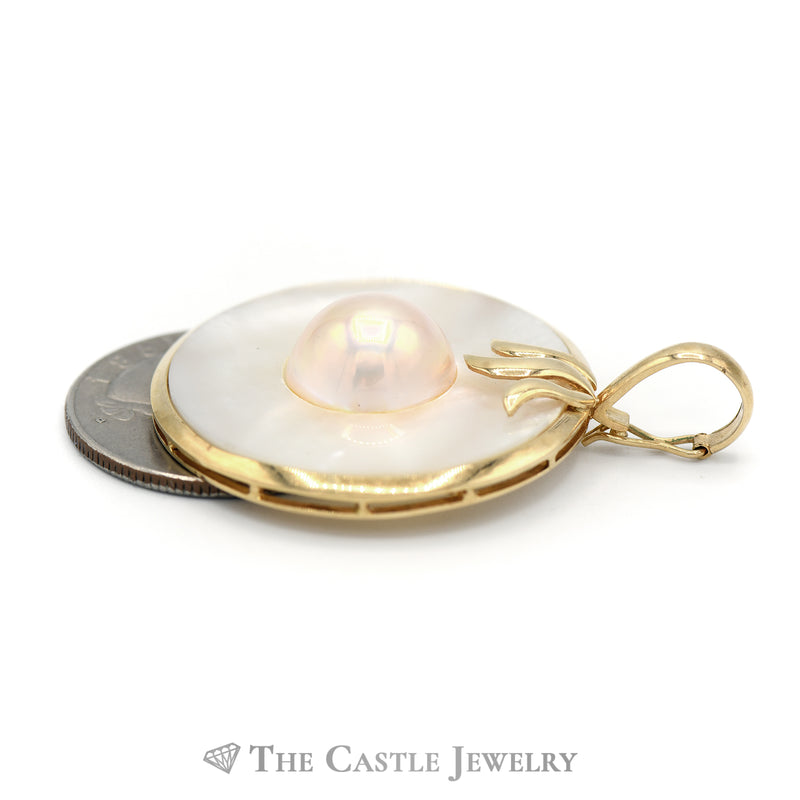 Round Mabe Pearl with Mother of Pearl Bezel Pendant in 14KT Yellow Gold