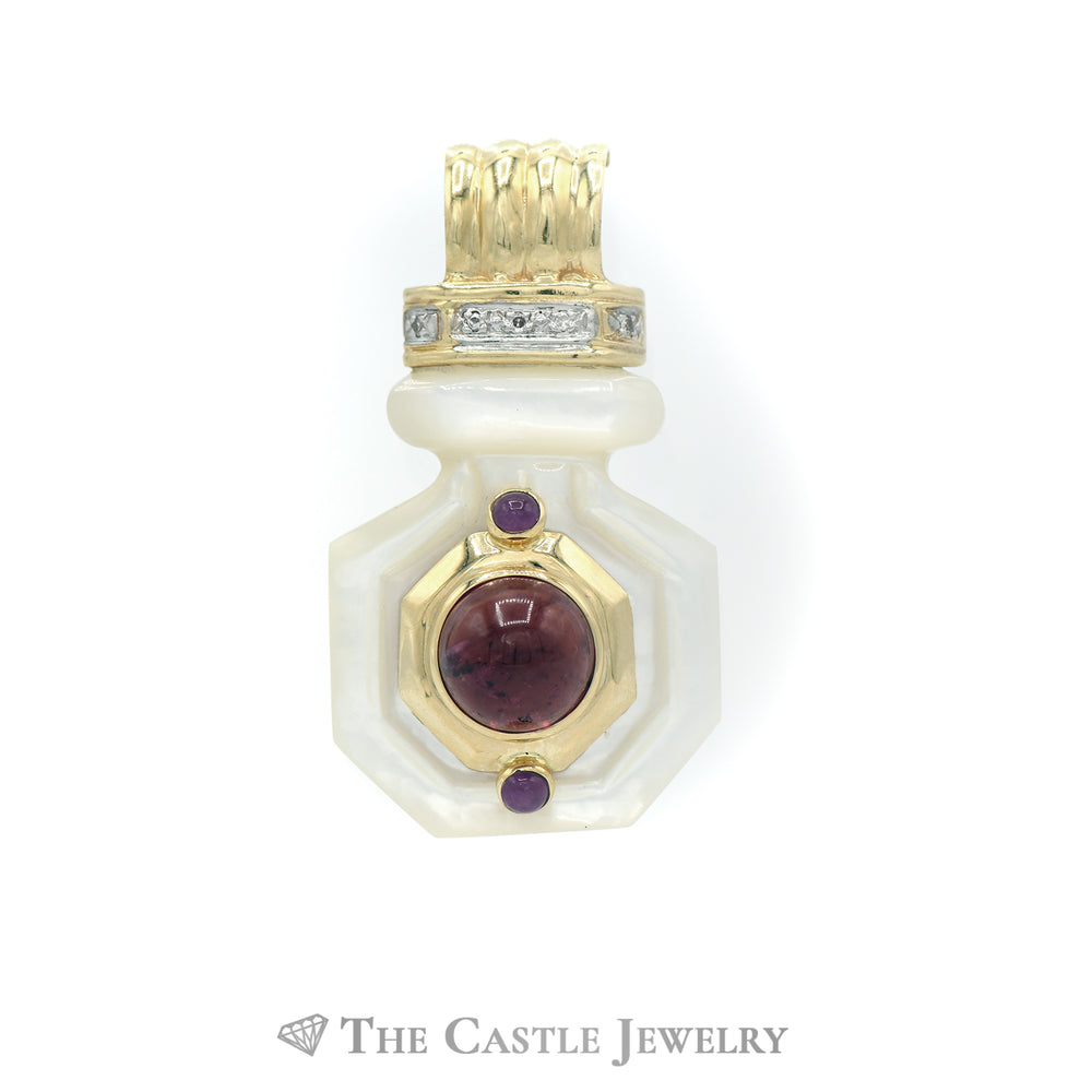 Mother of Pearl, Ruby and Diamond Pendant in 14KT Yellow Gold