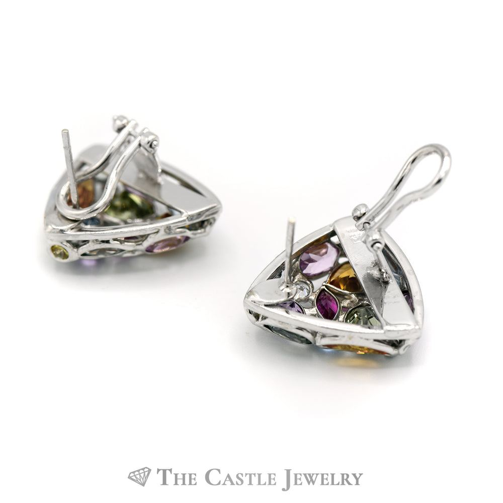 Triangle Shaped Multi Gemstone Cluster Earring in 14KT White Gold