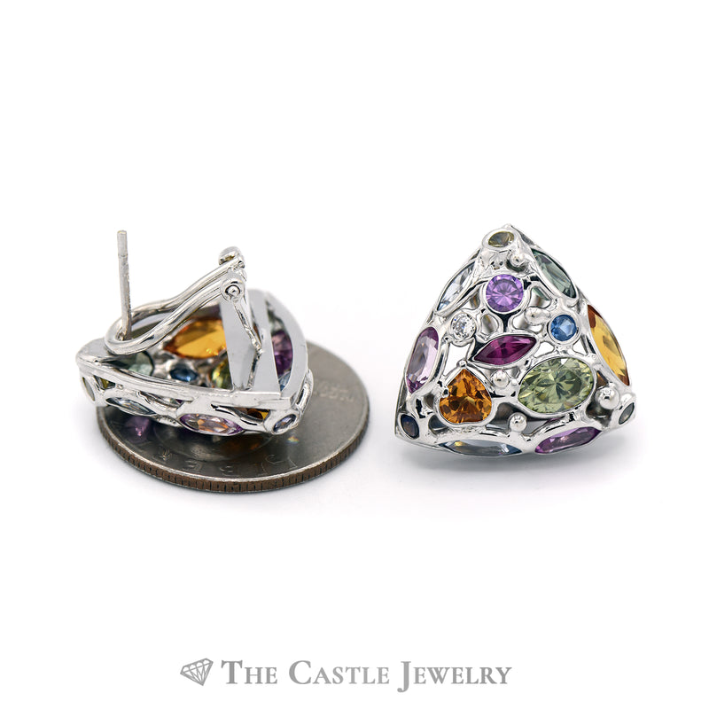 Triangle Shaped Multi Gemstone Cluster Earring in 14KT White Gold