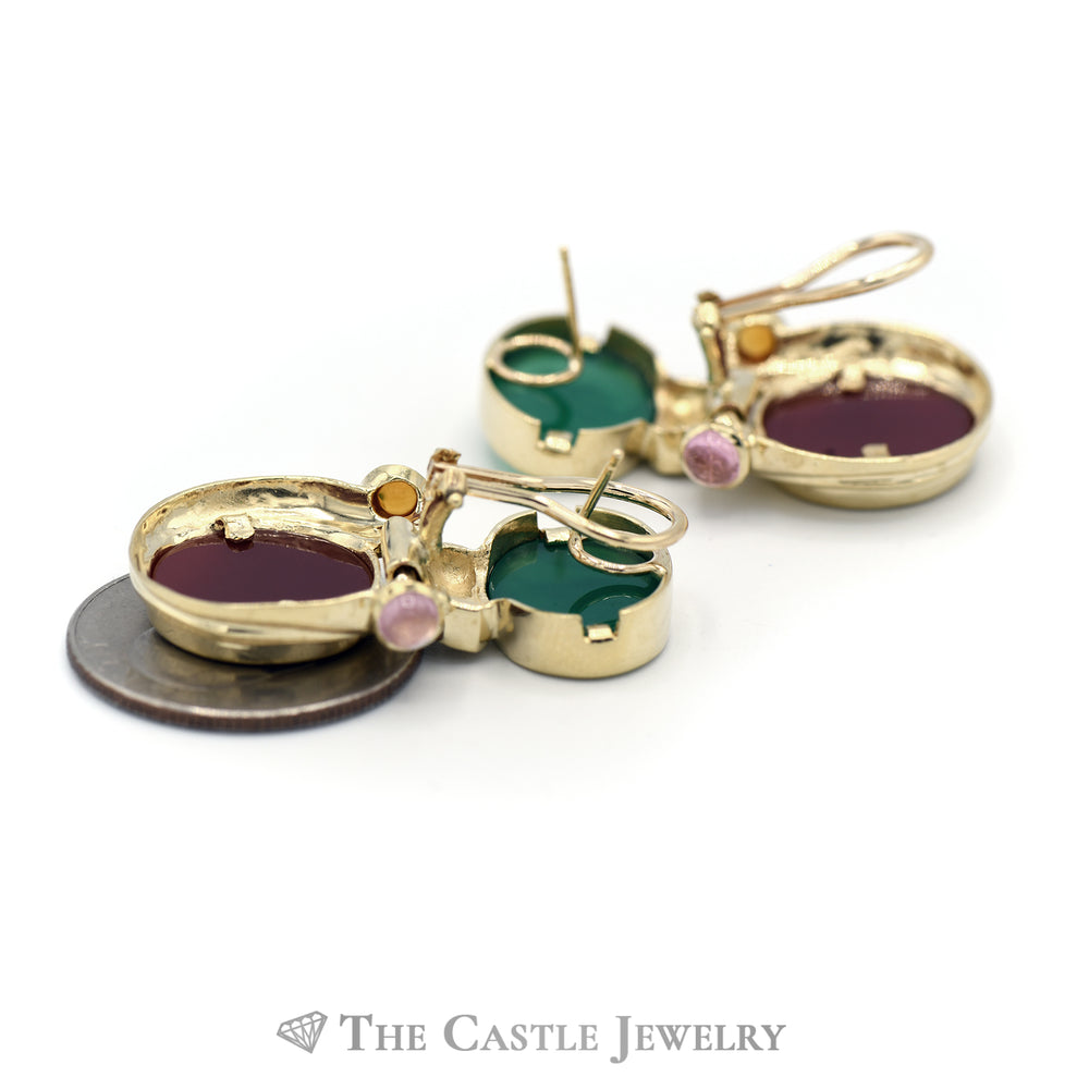 Cameo Emerald and Coral Earrings with Cabochon Citrine and Amethyst Accents in 10KT Yellow Gold