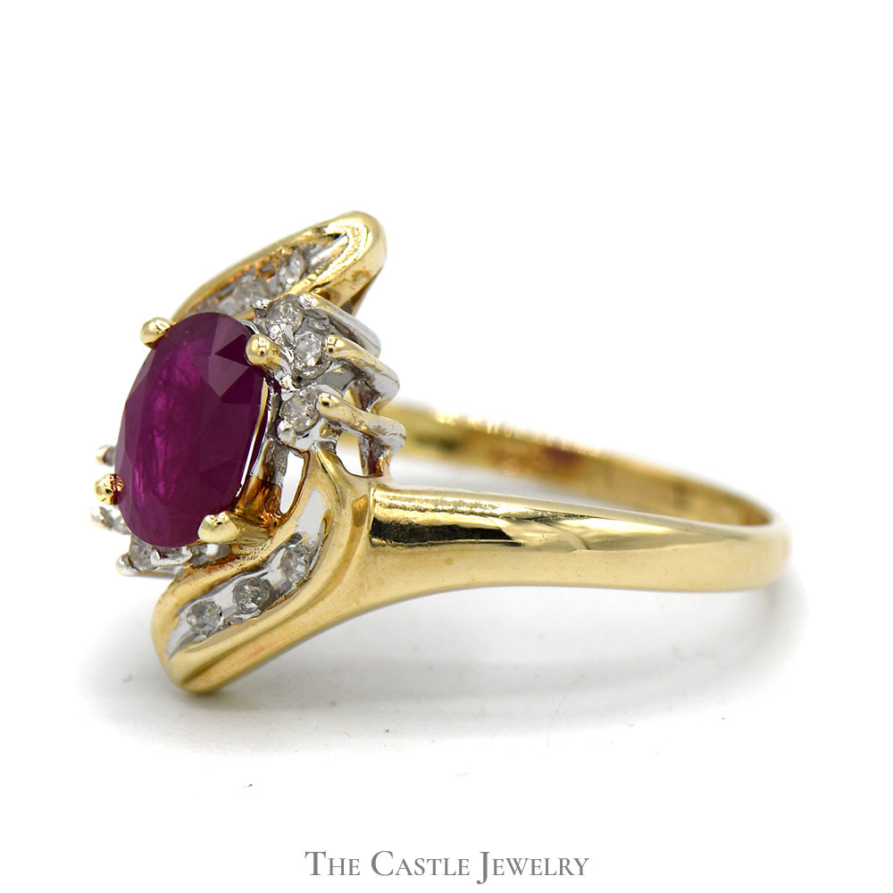 Oval Ruby Bypass Ring with Diamond Accent in 10k Yellow Gold