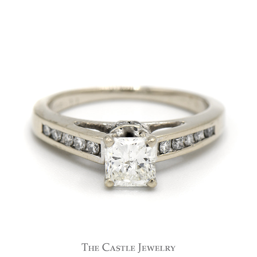 1.02cttw Princess Cut Diamond Engagement Ring with Channel Set Diamond Accents in 18k White Gold