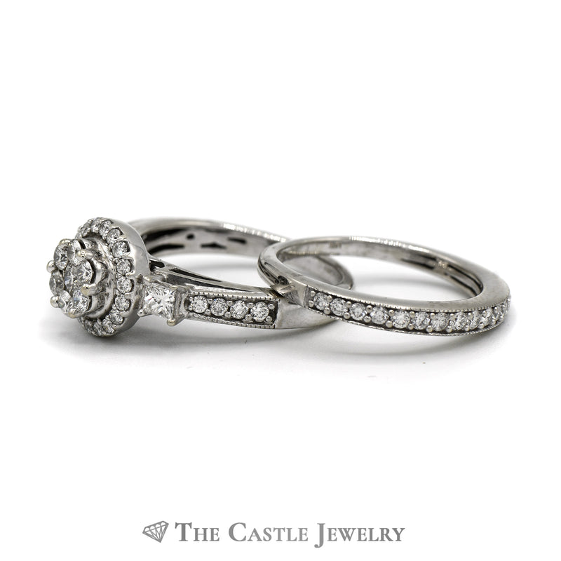 1cttw Round Shaped Diamond Cluster Bridal Set with Diamond Halo and Accents and Matching Diamond Band in 10k White Gold