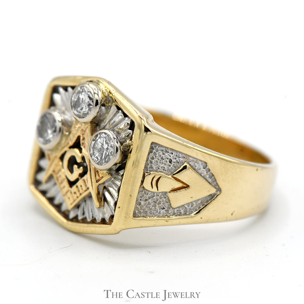 Bezel Set Diamond Masonic Ring in 10k Two-Tone White and Yellow Gold