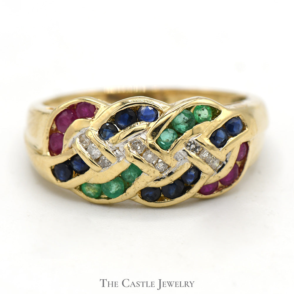 Woven Multi Gemstone Ring with Diamond Accents in 14k Yellow Gold
