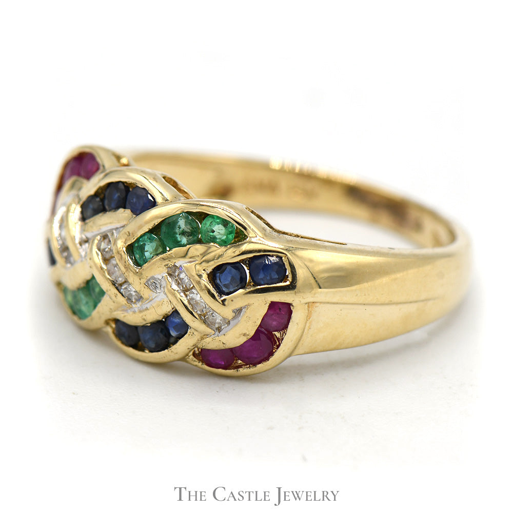 Woven Multi Gemstone Ring with Diamond Accents in 14k Yellow Gold