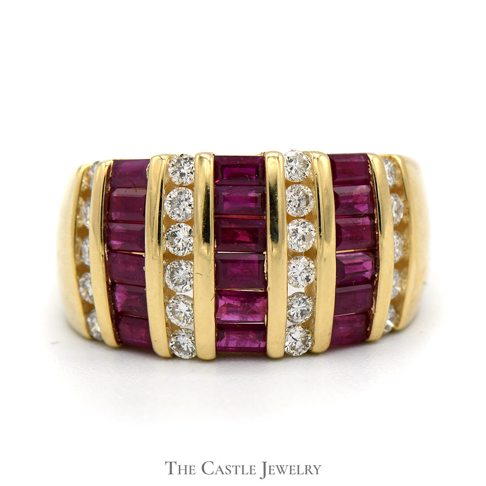 Baguette Ruby and Round Diamond Cluster Band in 14k Yellow Gold