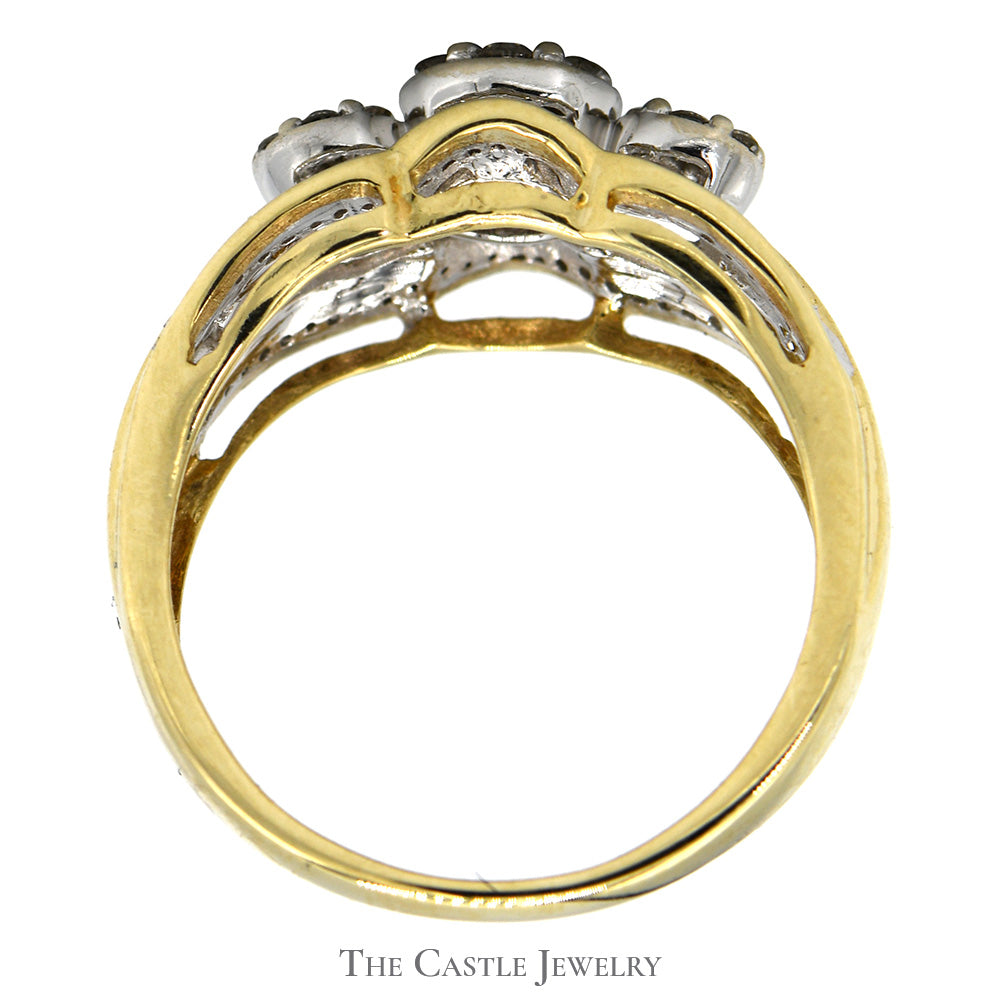 1/2cttw Triple Flower Shaped Diamond Cluster Ring with Accents in 10k Yellow Gold