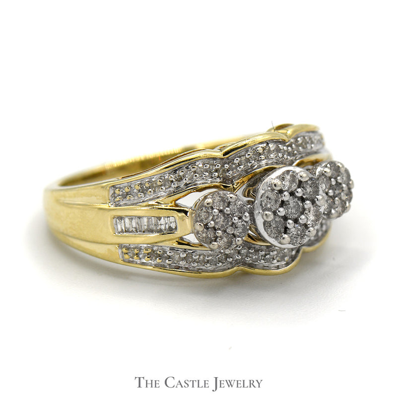 1/2cttw Triple Flower Shaped Diamond Cluster Ring with Accents in 10k Yellow Gold